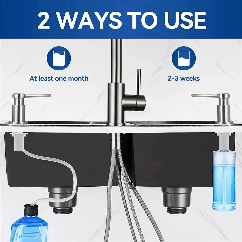 موزعات الصابون السائل المدمجة في رأس المضخة المصنوعة من الفولاذ المقاوم للصدأ مع مجموعة أنبوب تمديد الزجاجة 350 مللي ملحقات المطبخ