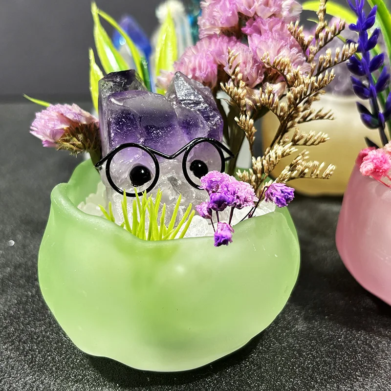 Frosted Glass Planter Natural Quartz Tower Chips Geode Cluster Rough Stone Preserved Flower Mini Landscape Table Decor