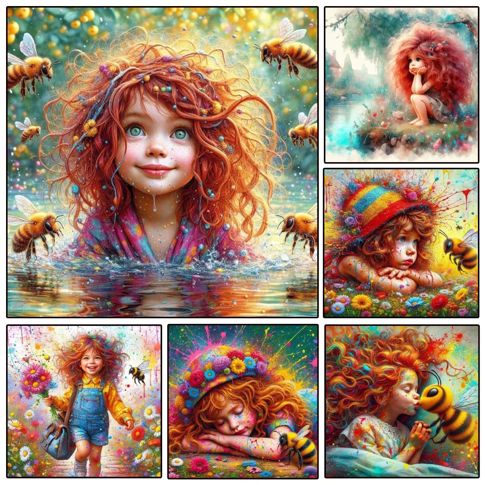 New Diamond Painting Cute Girl And Lovely Little Bee 5D Mosaic Kit Colorful Daisies DIY Full Drill Embroidery Cross Stitch Decor