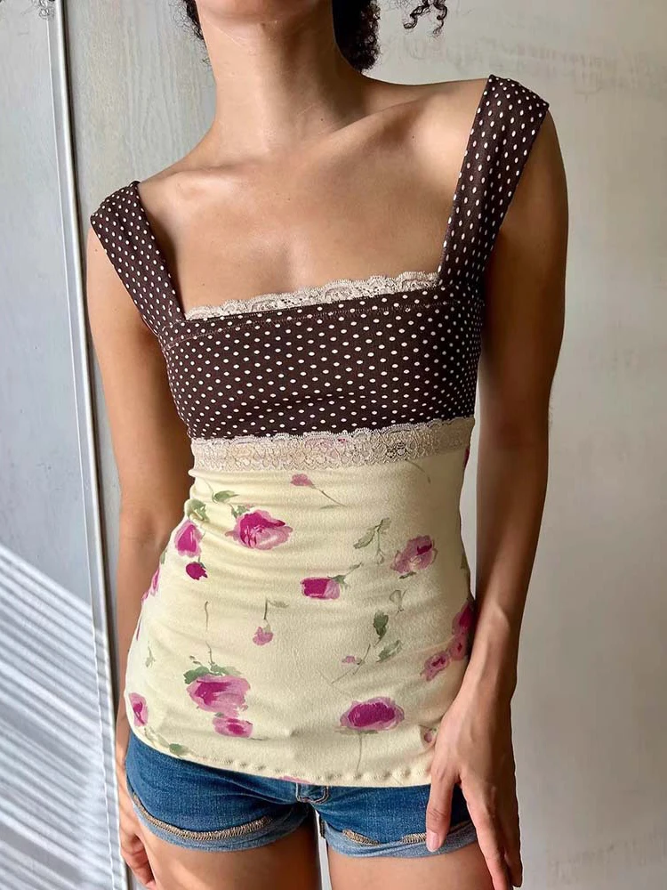

JULISSA MO Patchwork Print Polka Dot Lace Women Tops Square Collar Bandage Floral Camis Top Female Summer Slim Casual Streetwear