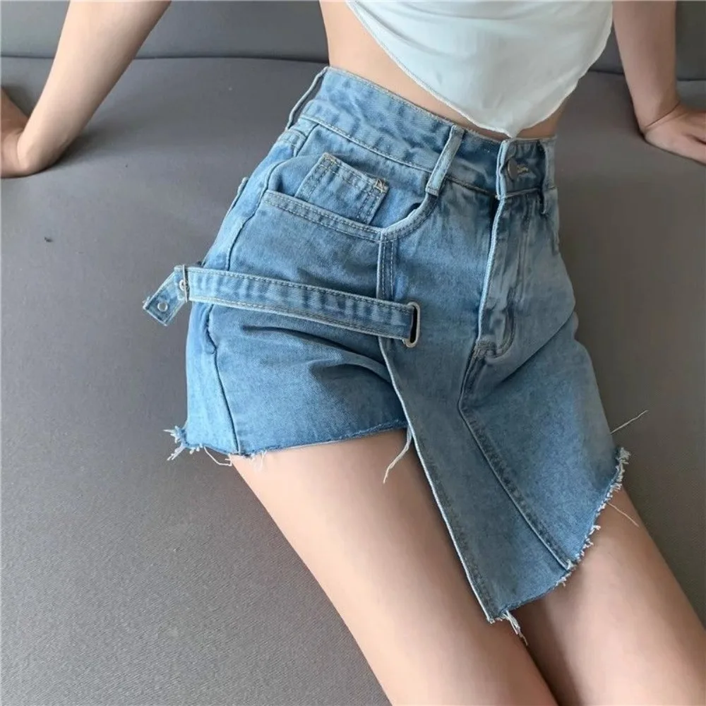 Invisible Open Crotch Outdoor Sex Summer Women's Denim Shorts Irregular High Waist Denim Pantskirt Sexy Erotic Cargo Denim Skirt