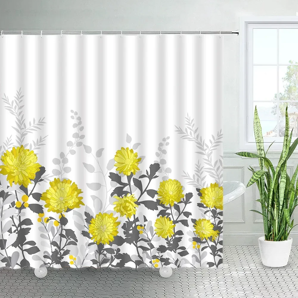 Impermeáveis cortinas de chuveiro florais, aquarela plantas e flores, folhas amarelas e azuis, design criativo, decoração simples do banheiro