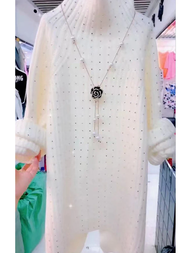 Thickened Warm Turtleneck Sweater Mid-Length Rhinestone White Sweater Women Autumn Winter New Loose Slimming Knitted Pullover