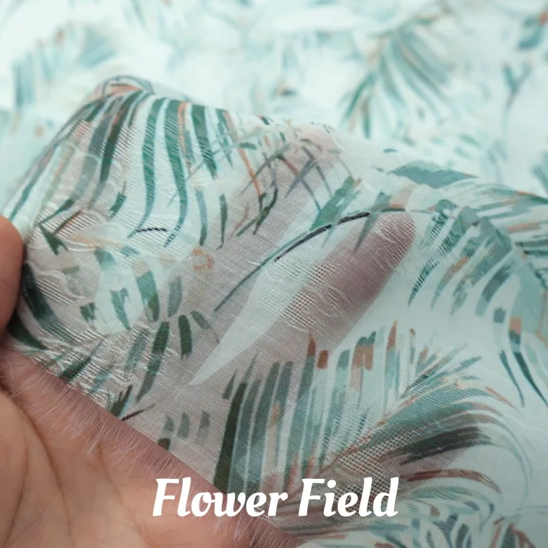 Blue Green Palm Leaf Print Pattern Jacquard Lyocell Linen Fabric Skin Friendly Dress Semi Transparent Shirt Lightweight Fabric