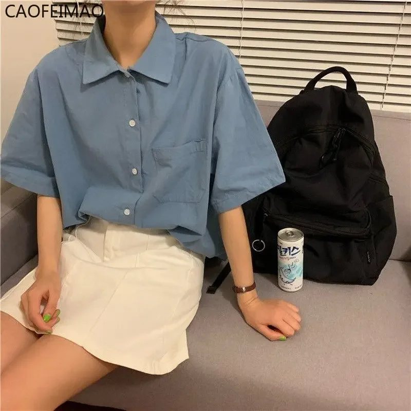 Shirts Women Short Sleeve Solid Bf Loose Turn Down Collar College Simple Stylish All-match Harajuku 2025 Summer Tops Clothing