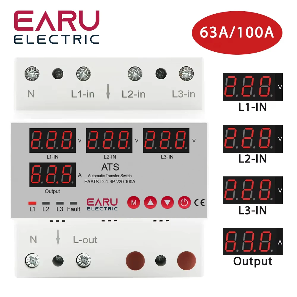 ATS Automatic Transfer Switch 100A 63A Over Current Limiter Adjustable Over And Under Voltage Time Lag Protection Uninterrupted