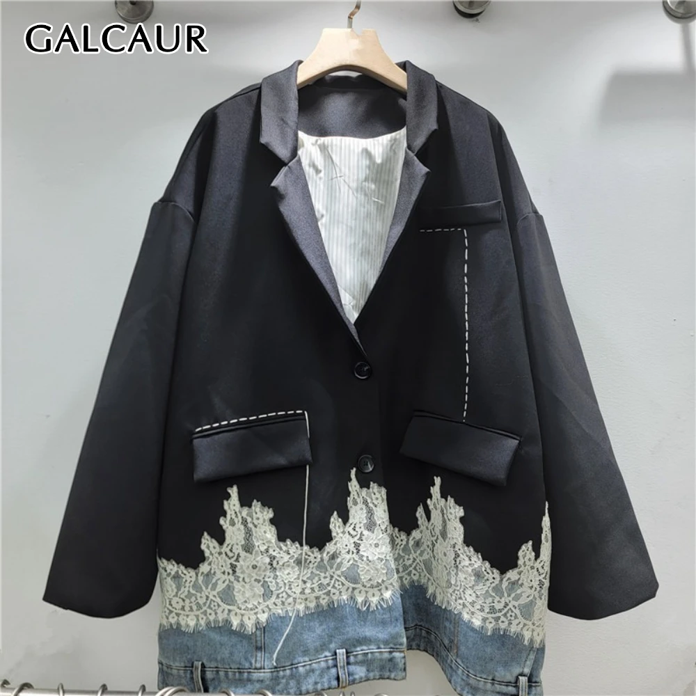 

GALCAUR Solid Spliced Lace Casual Jacket Female Lapel Long Sleeve Loose Luxury Design Women's Jackets Autumn Fashion Style New