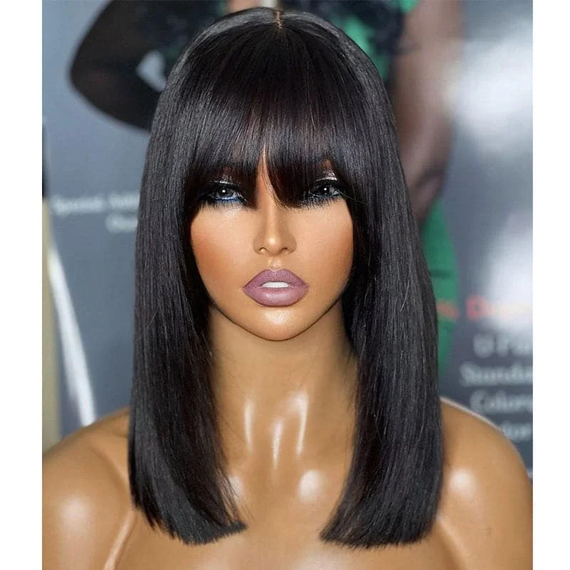 

Short Bob Wigs Fake Scalp Raw Indian Human Hair Wigs Bone Straight Bob Wigs With Bangs Realistic Look Fake Lace Scalp Wig 12inch