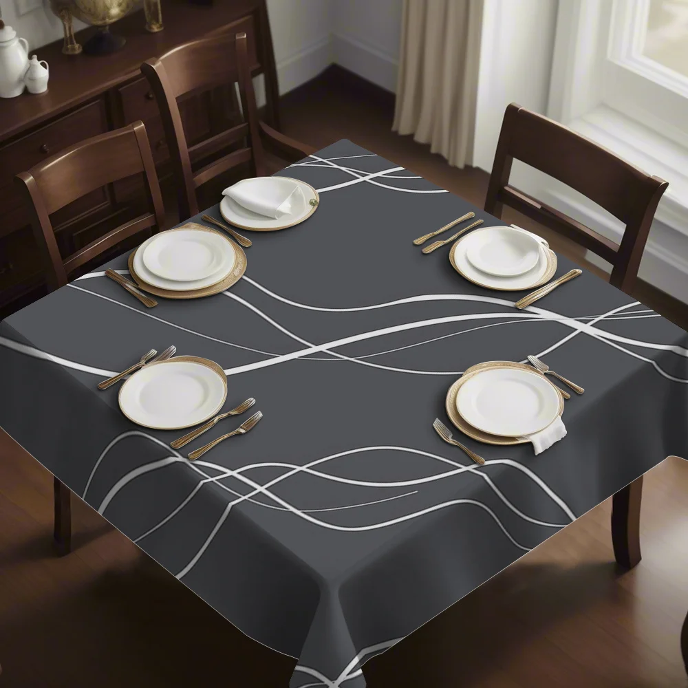JIT 1pc Digital Printed Square Tablecloth, featuring a modern minimalist style, with dark gray base and white lines woven in.zyc