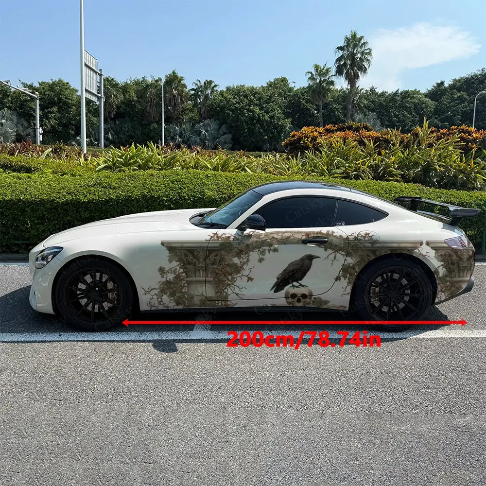 2pcs Chill Raven Skeleton Car Side Wraps, Self-Adhesive PVC Waterproof & Scratch-Resistant Stickers, Car Accessory Gift