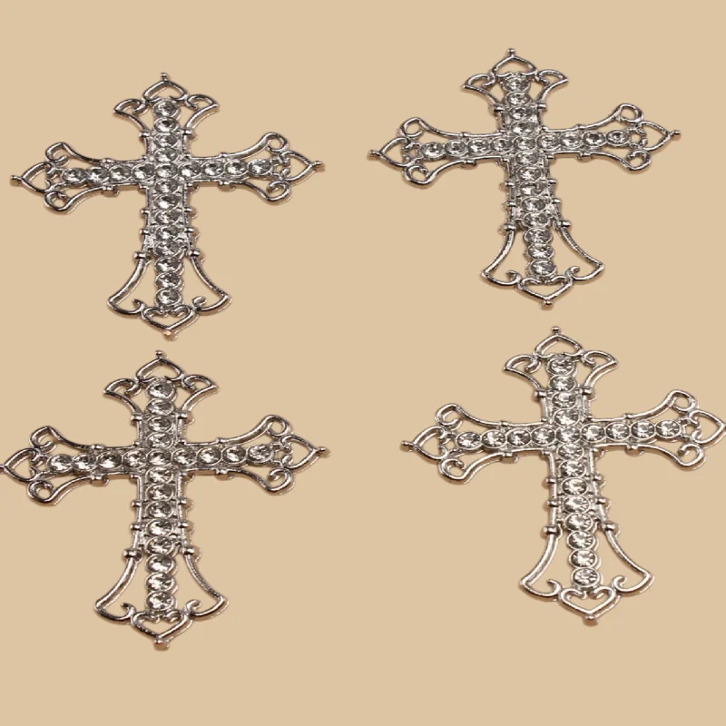 4pcs Silver Plated Hollow Handmade Rhinestone Catholic Crosses Pendant DIY Charms Necklace Earrings Jewelry Crafts Making P1077
