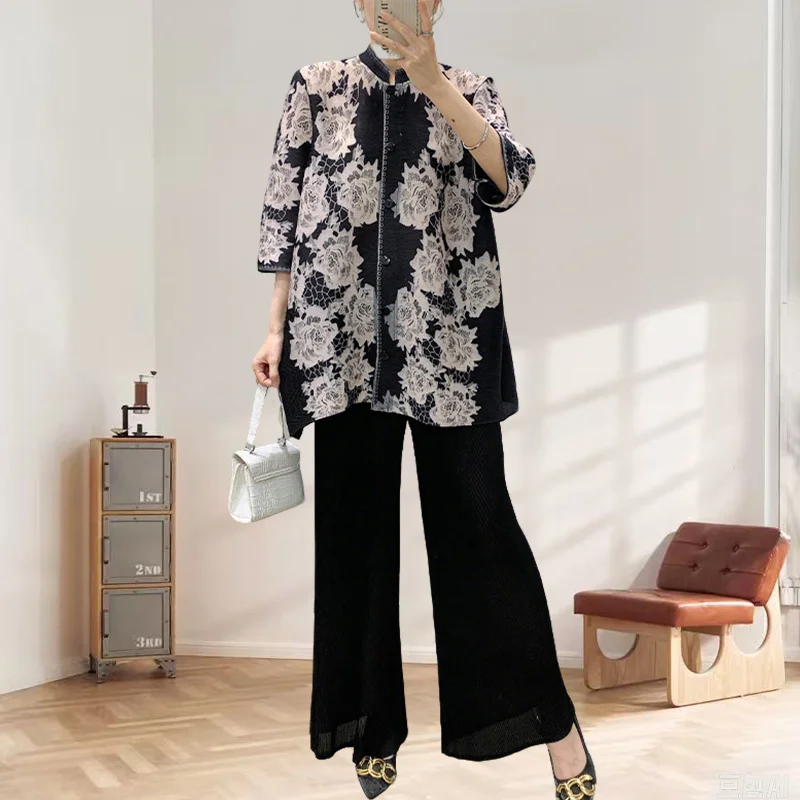 

2025 Spring Summer Miyake Pleated Pants Suit Casual Printing Thin Oversized Elastic Fold Temperament Fashion Elegant Pleat Suit