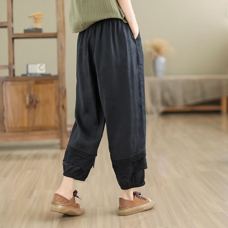 New Arrival Summer Arts Style Women Lace Patchwork Cotton Linen Ankle-length Pants Casual Loose Elastic Waist Harem Pants S149