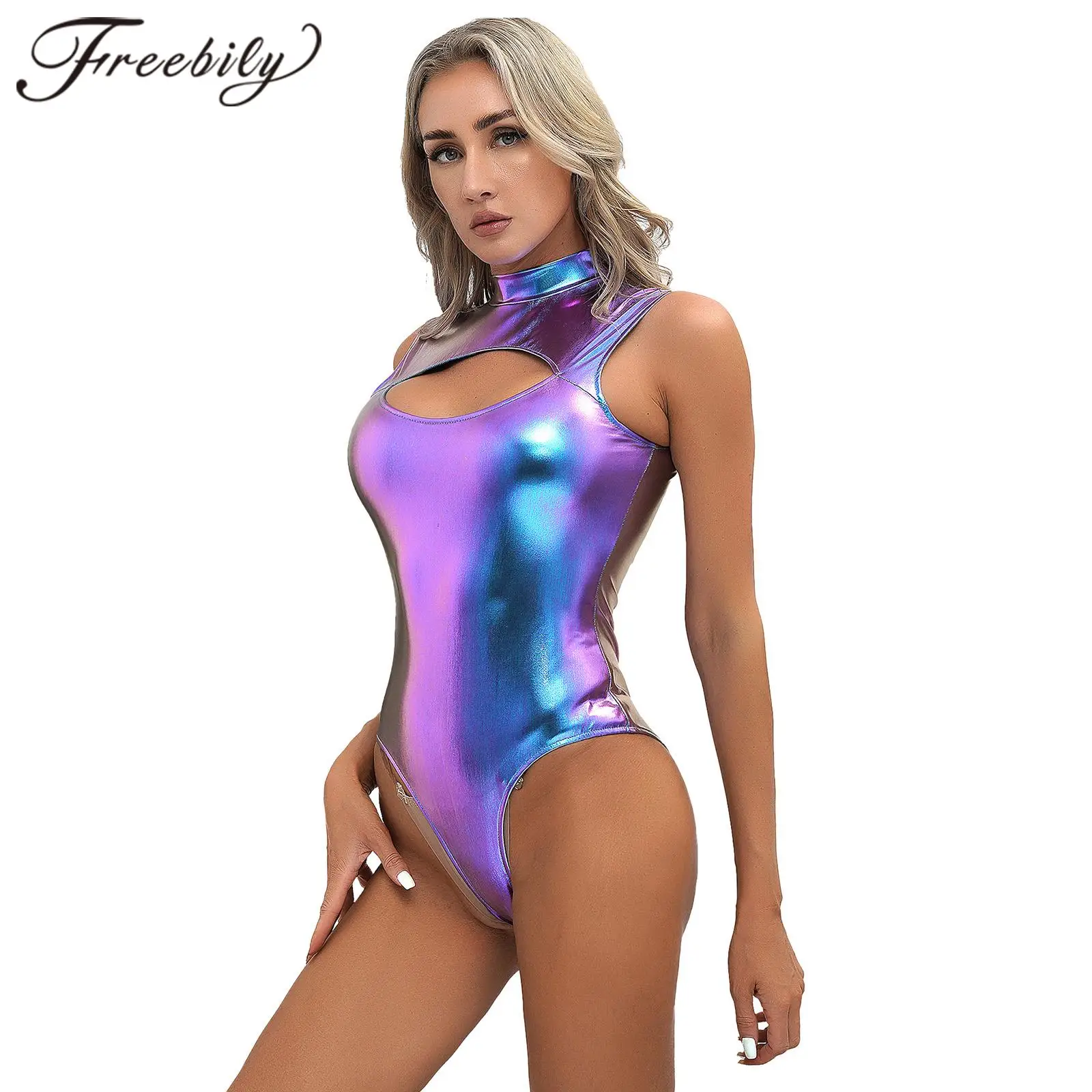 Women Swimsuits Metallic Bodysuit One-piece Sleeveless Catsuit Leotard Pool Party Swimwear Gymnastics Jumpsuit Nightclub Costume
