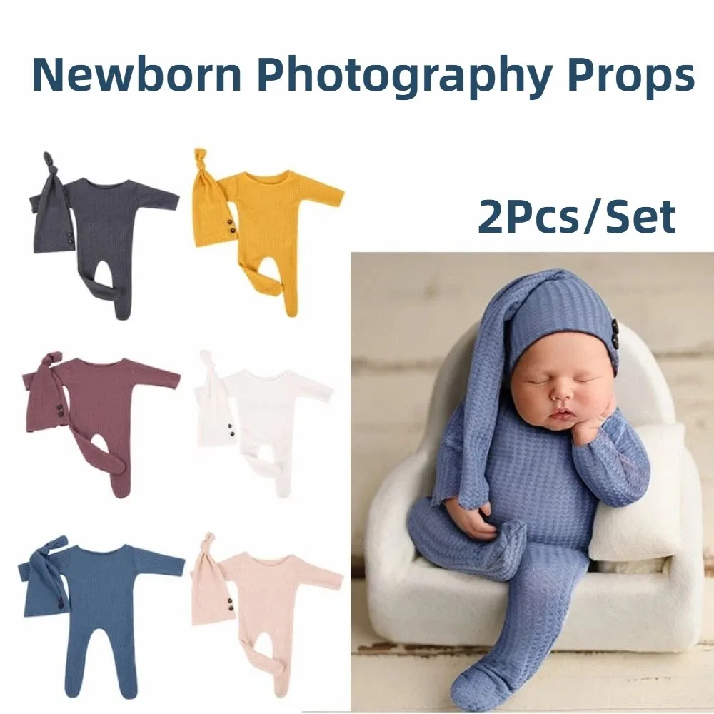 

2Pcs/Set Creative Newborn Photography Props Crochet Knit Footed Newborn Photoshoot Outfit Solid Color Long Tailed Hat