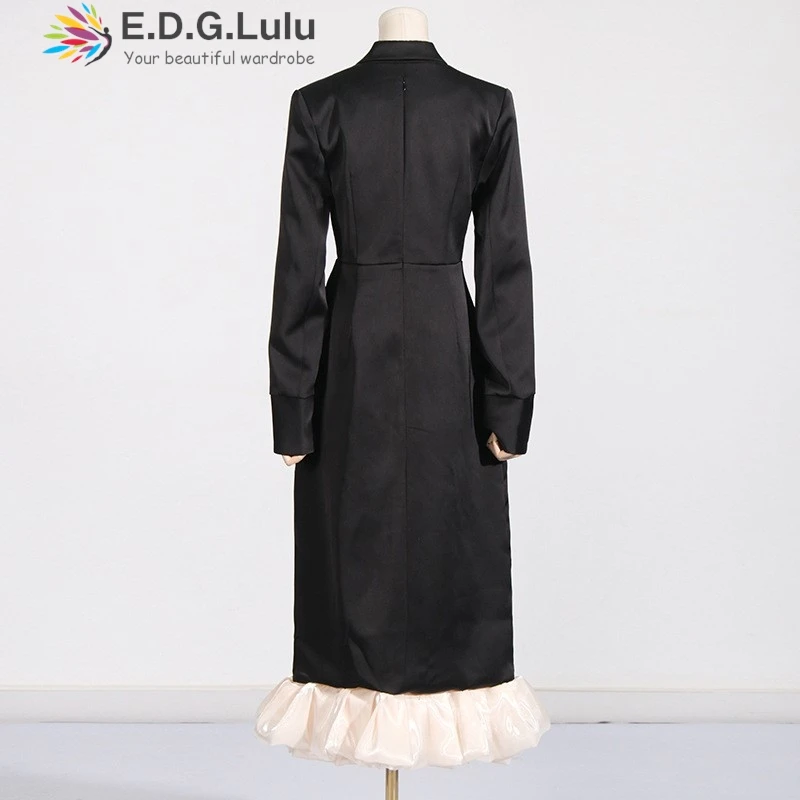 EDGLuLu 2025 otoño nuevo cuello en V uñas diamante empalme vestidos largos de lujo elegante Patchwork satén con volantes vestido negro 1009