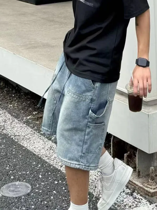 

American High Street Retro Splicing Loose Leg Men's Jeans orts Straight Cut Youthful Summer Thin Straight Tube Trousers