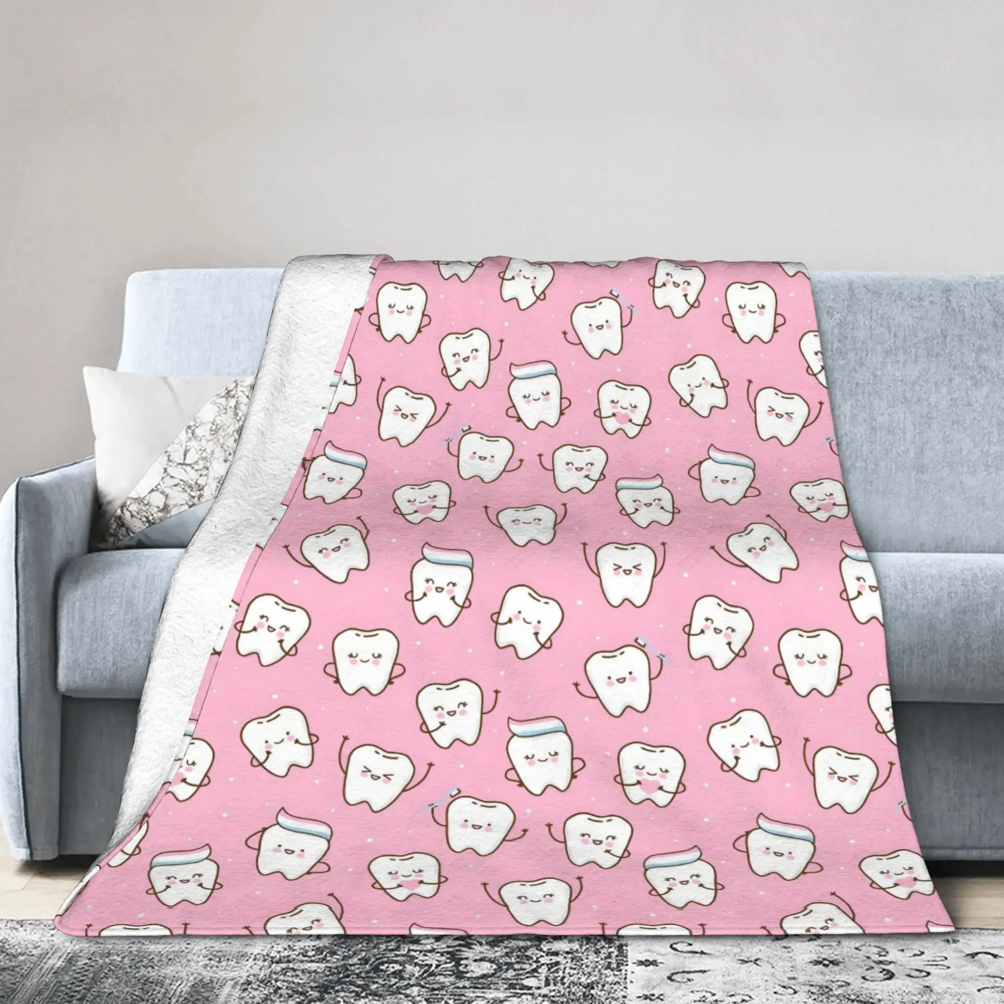 Custom Healthy Teeth Pattern Tooth Blankets Comfortable Soft Flannel Summer Care Dental Health Throw Blanket for Couch Home Bed