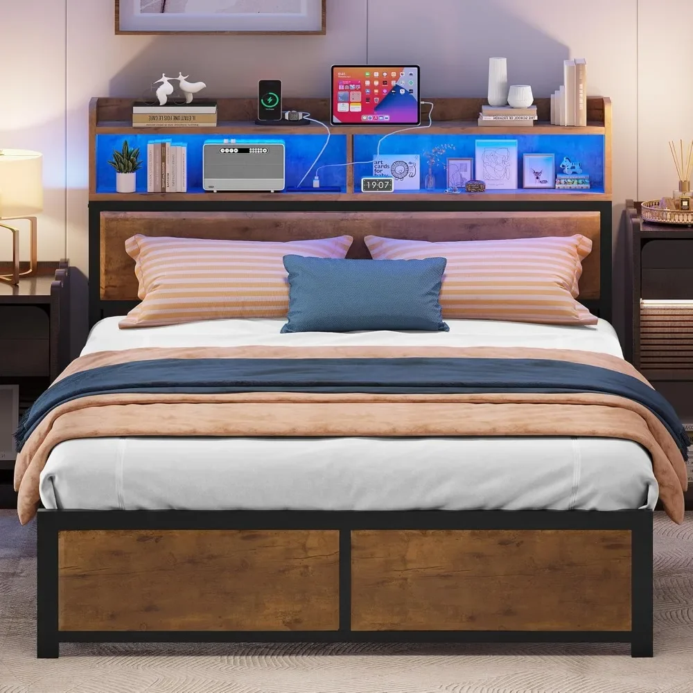 

King Size Bed Frame,LED Bed Frame with Headboard,USB Port Charging Outlets,Metal Platform Bed Frame with 2 Tiers Storage Shelves