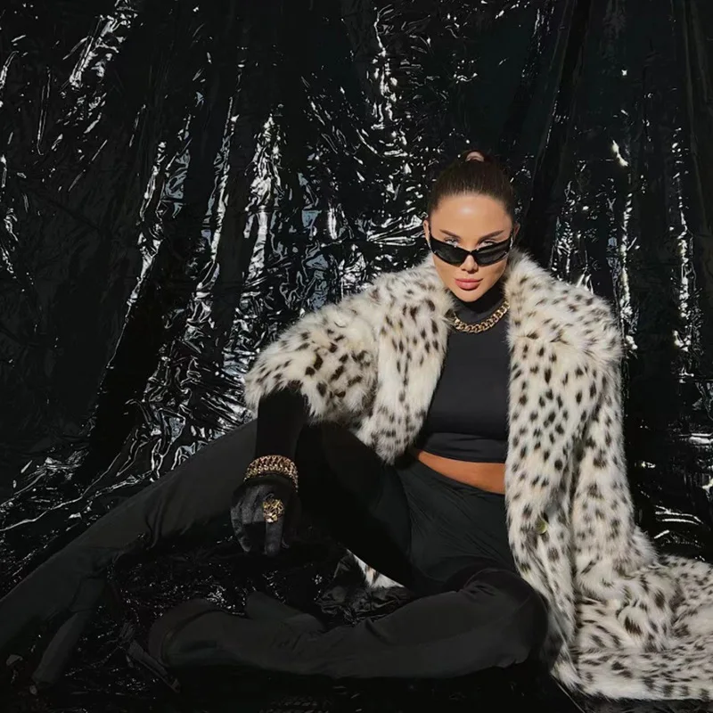 Exclusive Long Brown Leopard Fox Fur Coat Women Winter 2024 New Luxury Hot Brand Fashion Girls Faux Fur Jacket Overcoat
