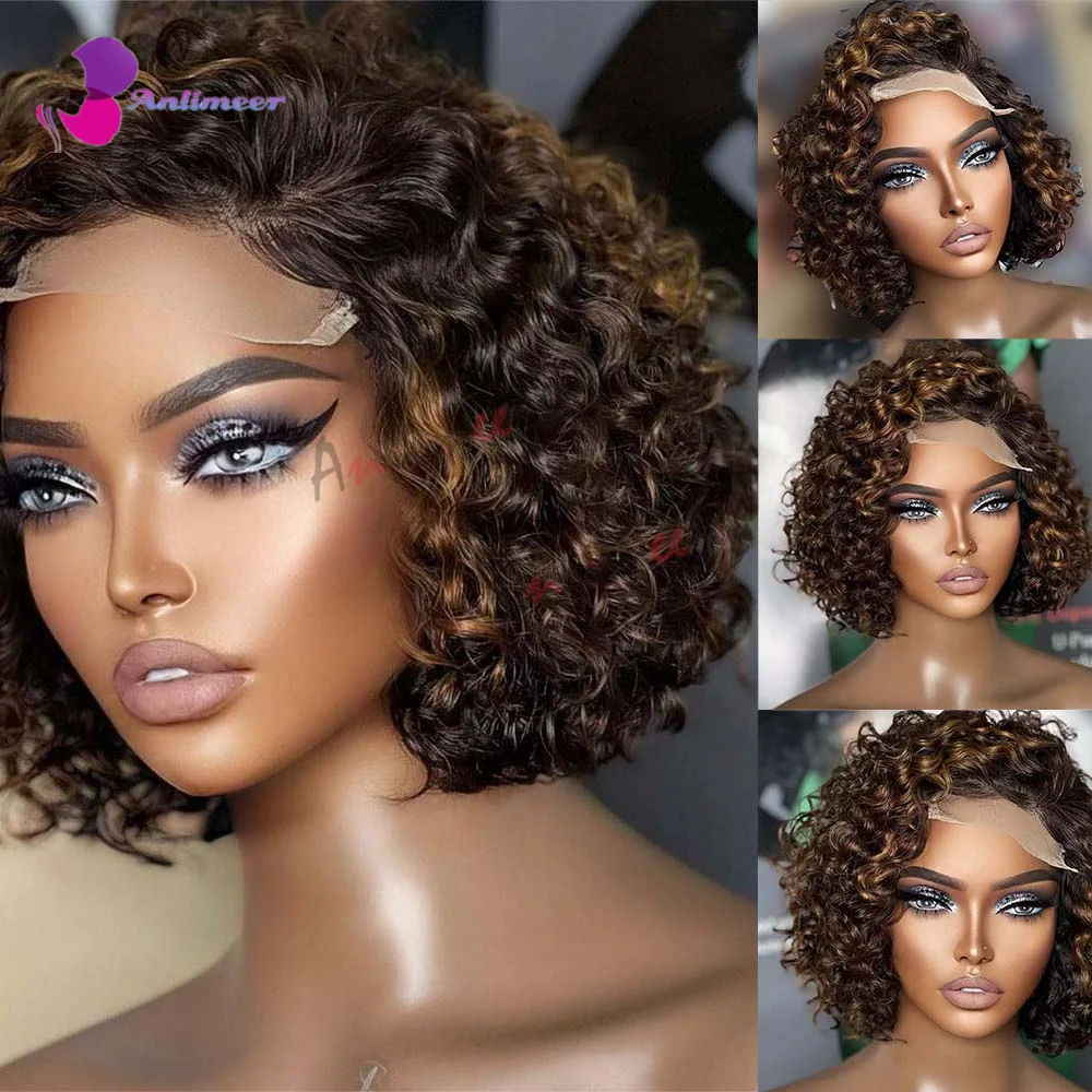 

Short Curly Wigs for Black Women Human Hair Jerry Curly 4x4 Lace Closure Wigs Human Hair Highlight Brown Human Hair Wig