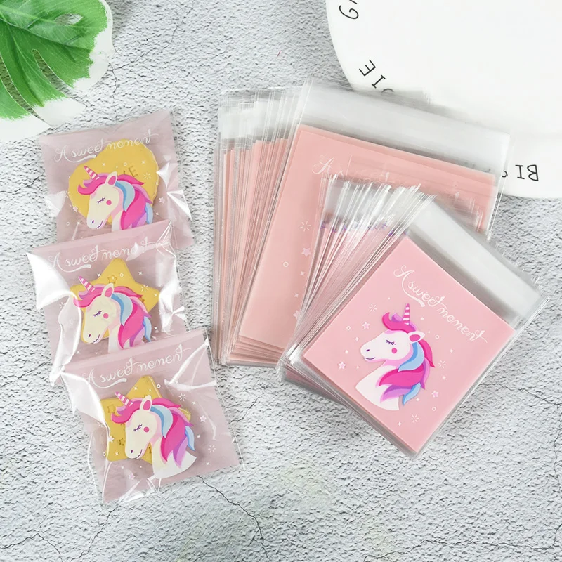 100pcs Cute Unicorn Self Adhesive Plastic Bag Candy Cookie Biscuit Packaging Bag for Kids Birthday Party Wedding Favors Supplies