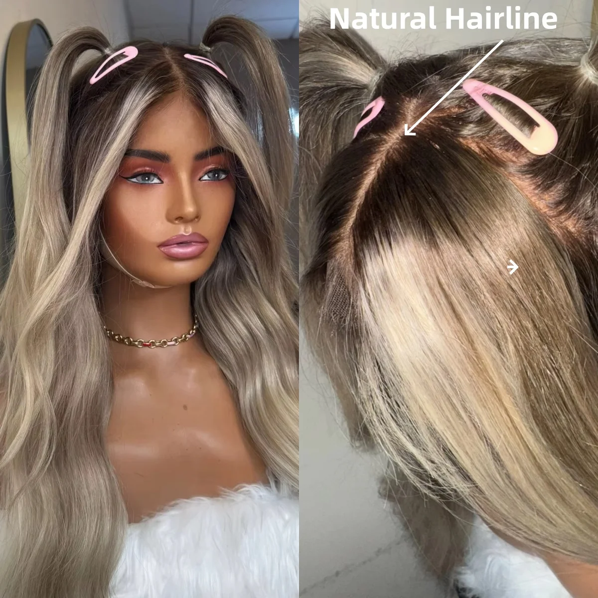 28 Inch Long Wave Wig 13x4 Ombre Ash Blonde Synthetic Lace Front Wig Natural Wave Wig Preplucked Hairline Brunette Fibre Female