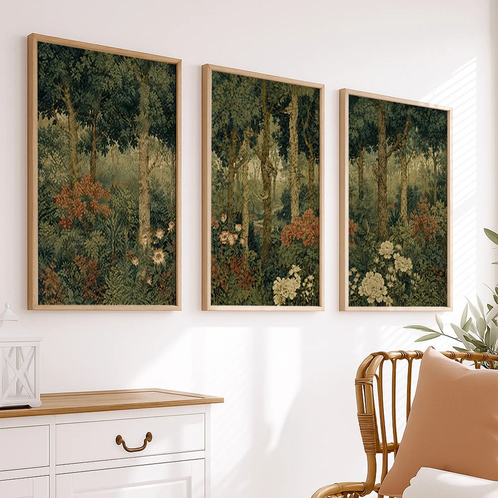 Set of 3 Dark Forest Wall Art Canvas Prints Moody Woodland Floral Poster Vintage Nature Living Room Decor Modern Home Decor