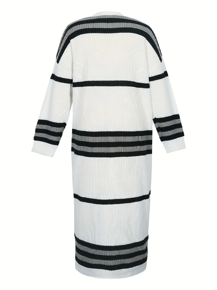 حجم كبير جديد مخطط سترة متماسكة طويلة الأكمام المرأة معطف طويل فضفاض غير رسمي الخريف الشتاء تنوعا الملابس النسائية الدافئة