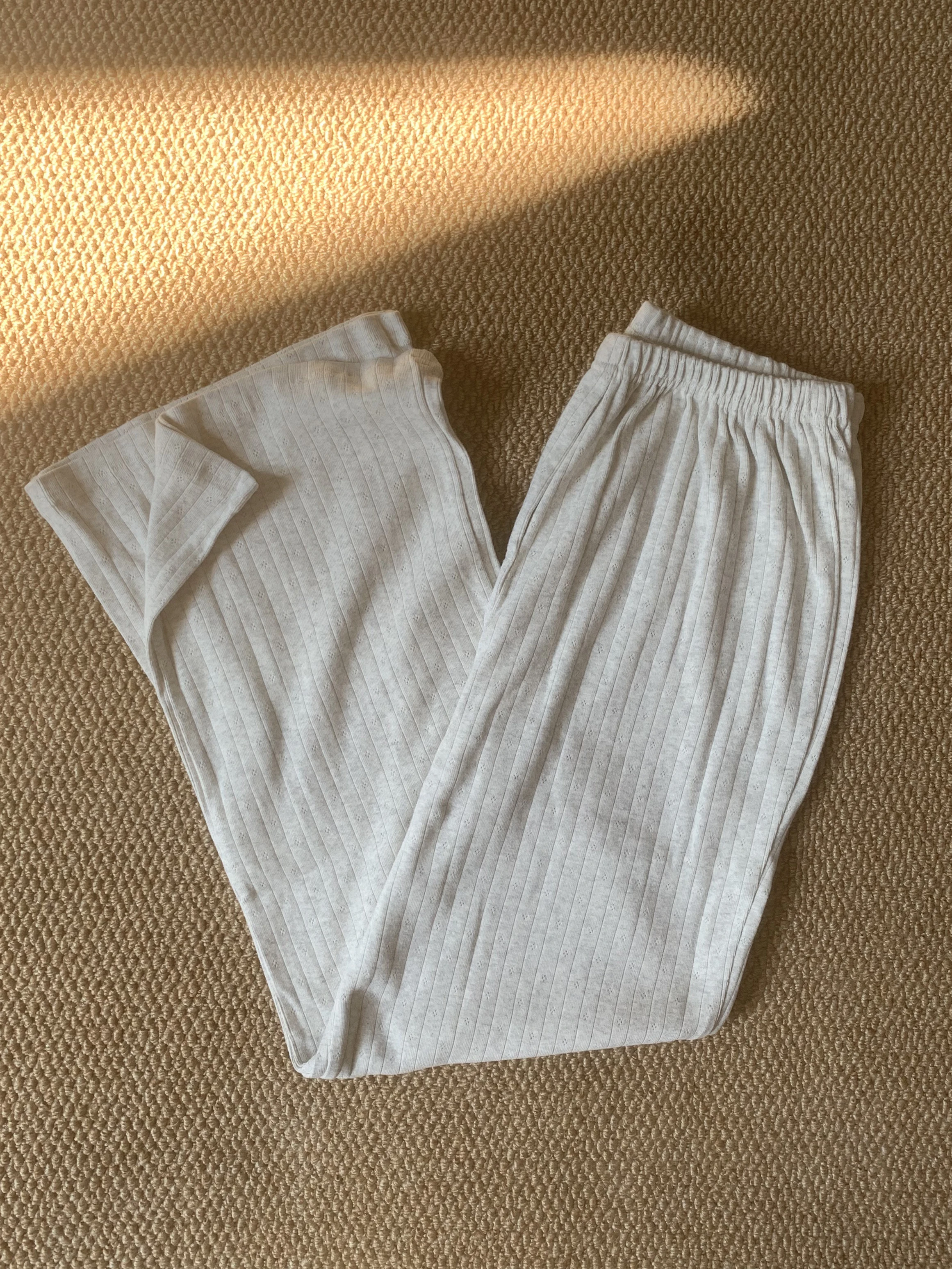 Light Grey Eyelet T-shirt Pant Pajama Set Woman Buttons Long Sleeve Tee+Elastic Waist Straight Trousers Cotton Home 2 Piece Sets