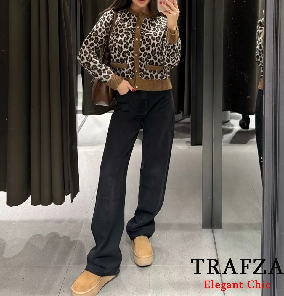 TRAFZA Women's Animal Print Jacquard Jacket Knitted Slim Jacket New 2024 Autumn and Winter Sexy Retro Elegant Jacket Coat