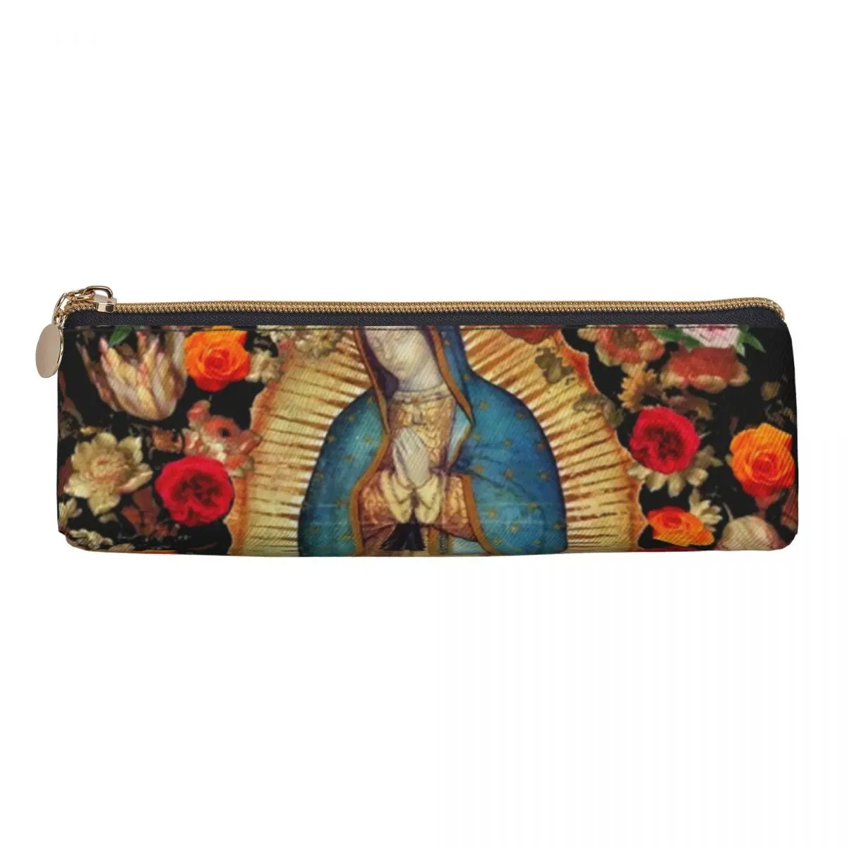 Mexican Virgin Mary Pencil Case Floral Print School Pencil Cases Zipper Students Vintage Portable Pencil Box School Stationery