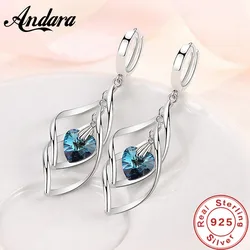 925 Sterling Silver Long Earrings Blue Crystal Love Earrings For Women'S Wedding Charm Jewelry Gifts