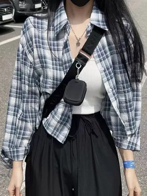 

Blue Plaid Button Short Loose Women's Shirt Lazy Style American Retro Outerwear Spring 2026 Commute Wind Long Sleeve Shirt