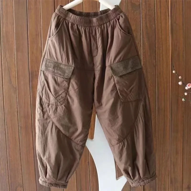 Losse katoenen joggingbroek voor dames, herfst-casual broek, dubbele zak, elastische taille, modieuze vloerlange broek