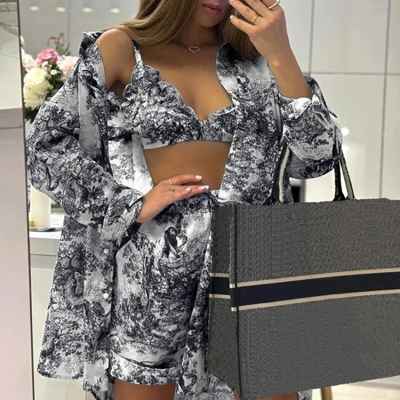 

2026 Vintage Women Ink Print 3 Piece Set Elegant Chic Ins Strap Bra + Loose Shirt + Wide Leg Shorts Clothes Set Retro Outfits