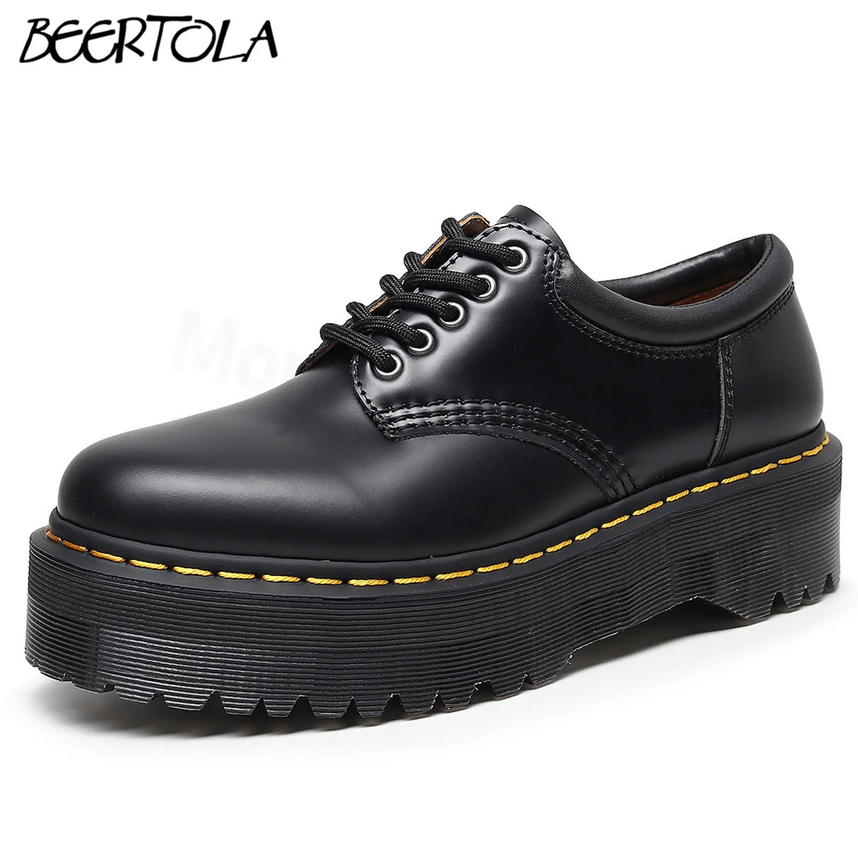 

Women's Black Platform Punk Lace-Up Leather Shoes Leather British Round-Toe Casual Shoes Large Size Fashionable Women's Shoes