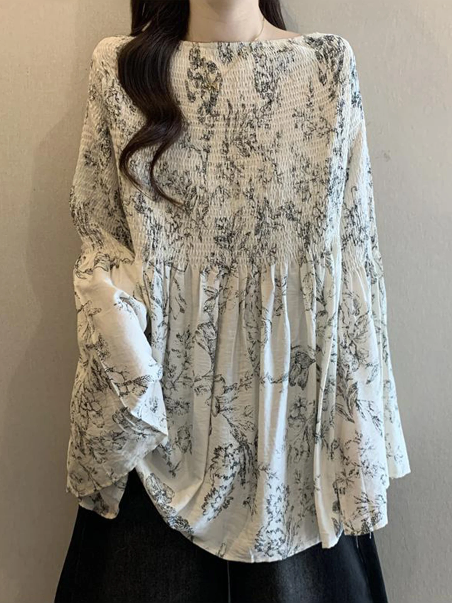 

Ретро-топ из шифона с цветочным принтом и длинными рукавами, женский, на раннюю весну, больших размеров, модный, с открытыми плечами, в корейском стиле, свободного кроя.