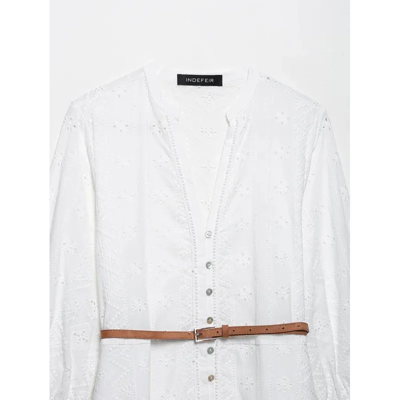 Vestido curto bordado feminino mais branco oco elegante festa mini com cinto moda casual 2025 novo estilo