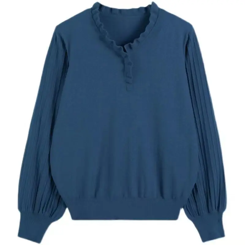 Women Lantern Sleeve Knitted Sweater 2024 Fall Winter Lace Patchwork V-Neck Knitwear Pullover Soft Loose Oversized Bottoming Top