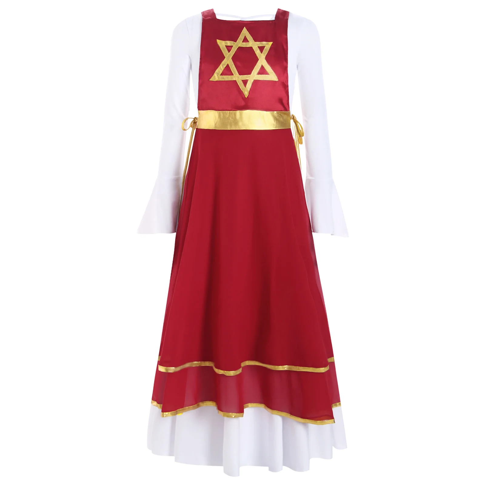 

Kids Girls Liturgical Praise Dance Outfit Long Sleeve Ruffle Cuffs Long Dress with Metallic Lace-Up Sides Split Sleeveless Tunic