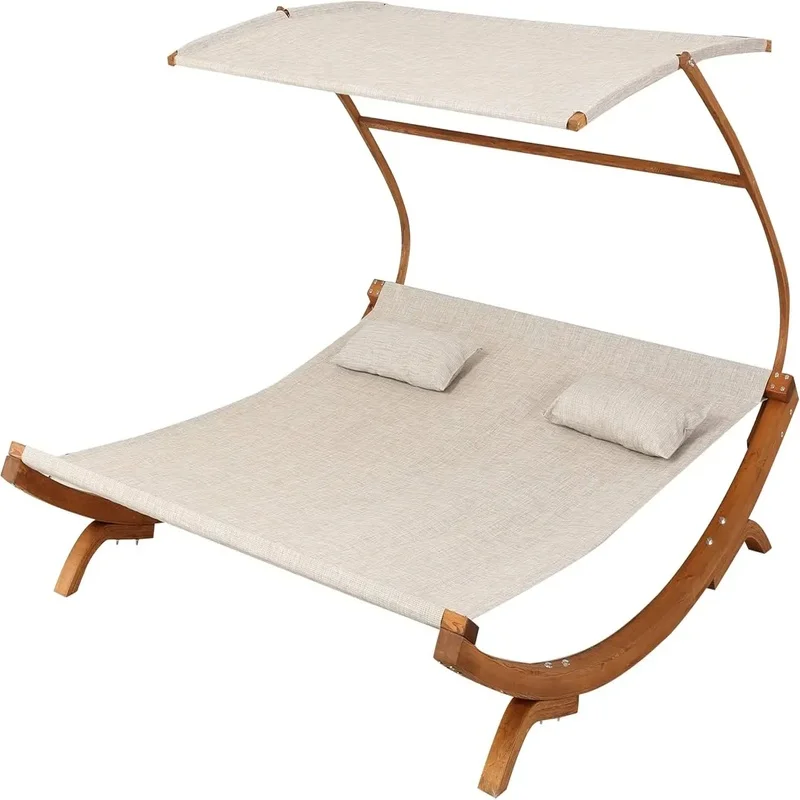

Outdoor Patio Lounge Daybed Hammock with Adjustable Shade Canopy, Teak Color