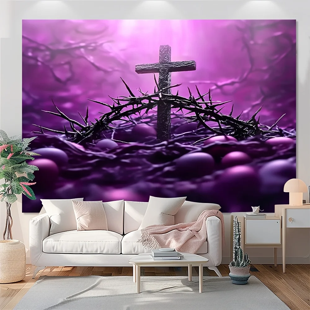 Large Christian Cross Tapestry Wall Hanging Religious Jesus Art Passion Decoration Purple Gothic Spiritual Decor for Home Room B