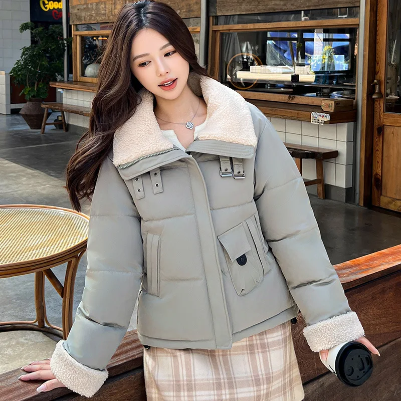 

Lamb Wool Big Collar Spliced Down Cotton Jacket for Women in Winter 2025, New Korean Version Casual Jacket Thick
