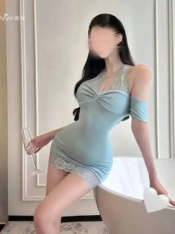 Mesh Lace Blue Tank Mini Dress T Shirt Fahsion Women Tops 2025 New Sexy Pure Desire Halter Nightdress Uniform Dress Elegant CAG4