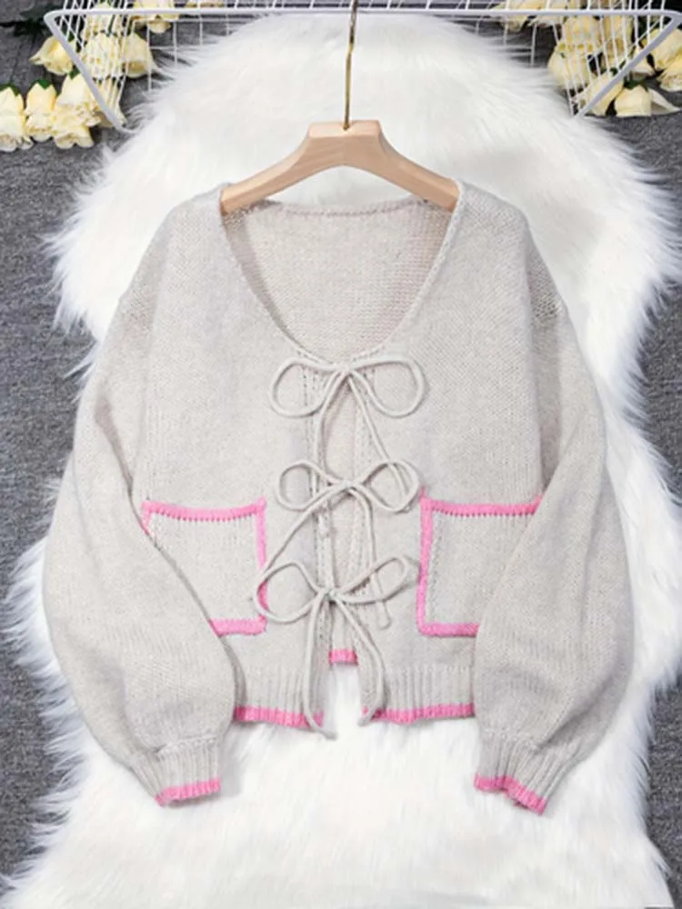 

Women's slouchy style contrast-colored pocket cardigan with drawstring ties, loose and casual, easy to match