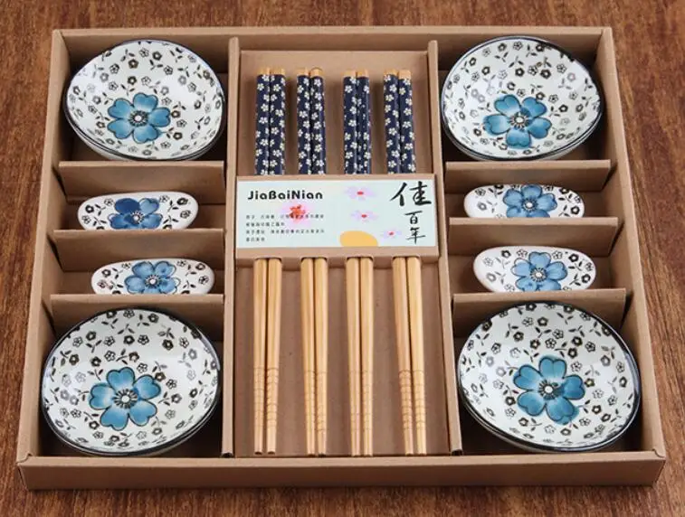 Japanese Style Cherry Blossom Ceramic Sushi Dishes Sashimi Soysauce Dish Dinnerware Set Tableware Set Gift Box (12Pcs/Set)