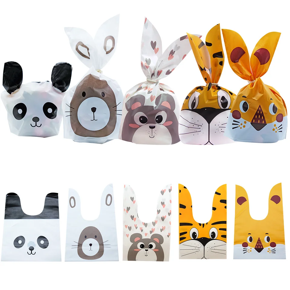 10/20pcs Carton Plastic Animal Candy Bags Rabbit Ear Bags For Biscuits Baking Packaging Supplies Kids Birthday Party Decoration