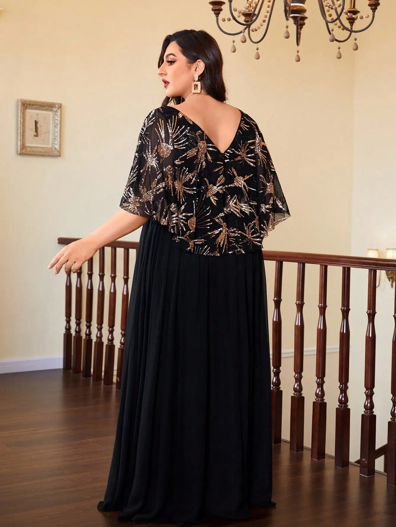 فستان Mgiacy طويل برقبة دائرية وترتر رائع وشالات وأكمام وحاشية شيفون كبيرة