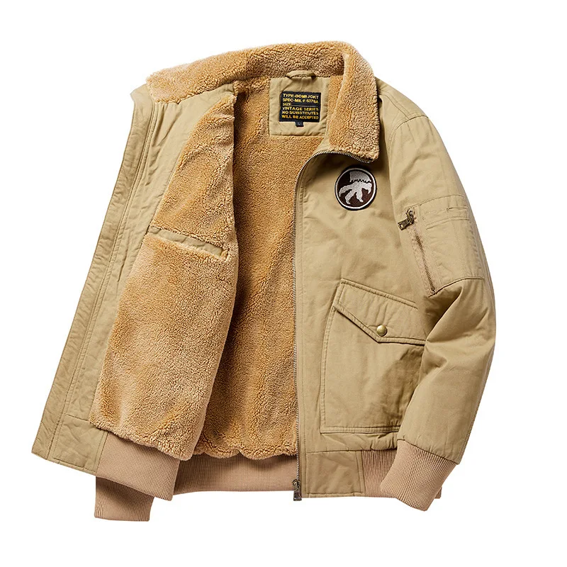 Winter cotton-padded men's overalls lamb fleece jacket with plush plush lapel flight jacket to keep warm